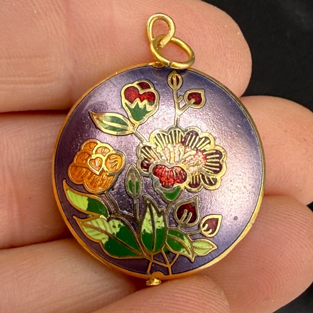 Vintage Estate Cloisonne Pendant Purple Gold Tone Floral Enamel 1in
